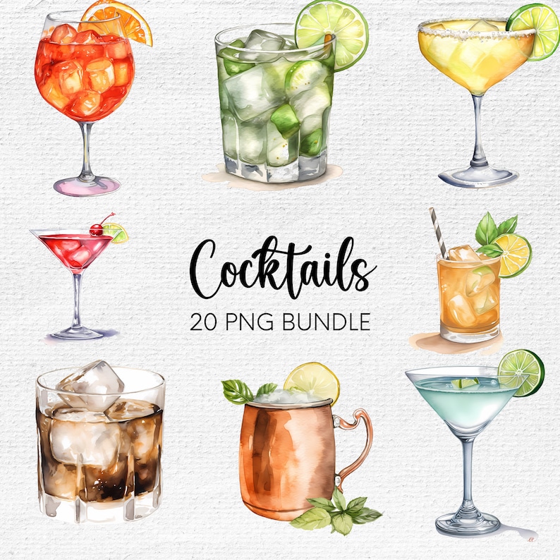 May include: Watercolor illustration of various cocktails, including a margarita, martini, and Moscow mule. The image features a variety of drinks with garnishes like orange slices, lime wedges, and cherries. The text "Cocktails 20 PNG Bundle" is also included.
