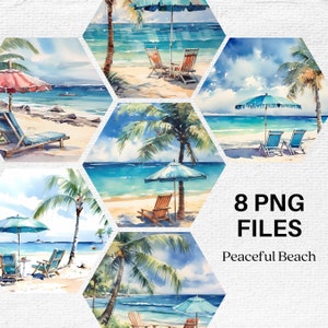 Watercolor Beach Clipart, Beach PNG, Digital Illustration, Watercolor Clipart Bundle, Commercial Use