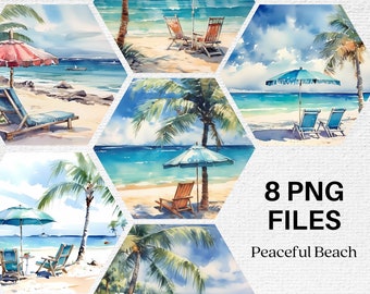 Aquarelle plage Clipart, plage PNG, Illustration numérique, aquarelle Clipart Bundle, usage Commercial