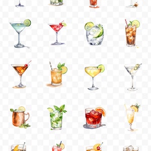 May include: Watercolor illustrations of various cocktails, including martinis, mojitos, and old fashioneds. Each drink is depicted in a different glass, garnished with fruit, herbs, and ice. The image showcases a variety of mixed drinks.