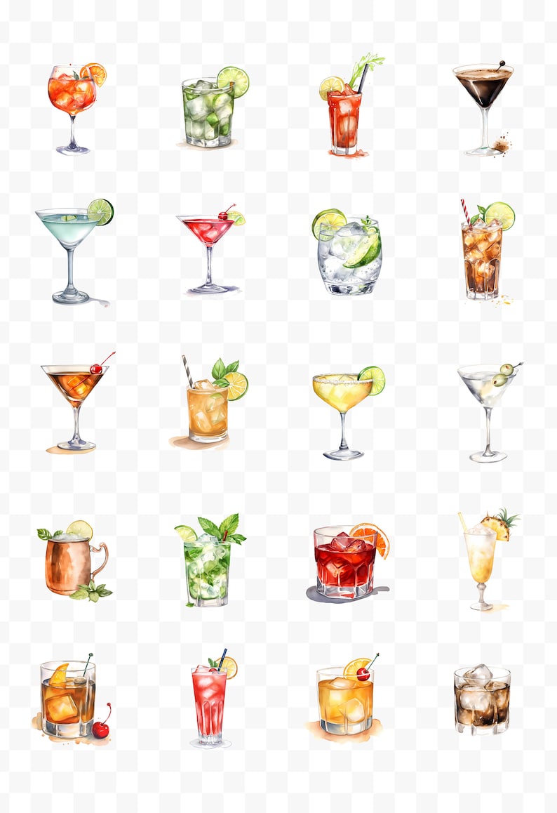 May include: Watercolor illustrations of various cocktails, including martinis, mojitos, and old fashioneds. Each drink is depicted in a different glass, garnished with fruit, herbs, and ice. The image showcases a variety of mixed drinks.
