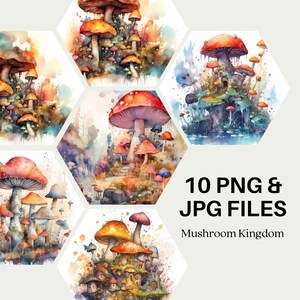 Mushroom Kingdom, Mushroom PNG, Watercolor Mushroom Clipart, Mushrooms Bundle, Fantasy, Whimsical, Digital Illustrations