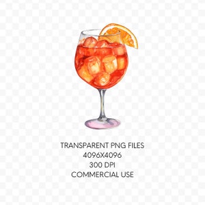 May include: Watercolor illustration of a cocktail in a stemmed glass. The drink is a vibrant orange color, filled with ice cubes and garnished with an orange slice. The image includes the text: TRANSPARENT PNG FILES, 4096x4096, 300 DPI, COMMERCIAL USE.