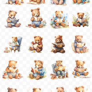 May include: A collection of watercolor illustrations featuring teddy bears reading books in various settings. The bears are depicted in different poses, some sitting in chairs, others on the floor, and some even in a cozy armchair. Each bear is holding a book and appears to be engrossed in their reading.