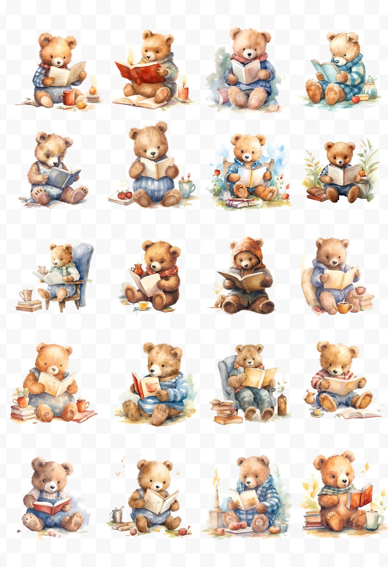 May include: A collection of watercolor illustrations featuring teddy bears reading books in various settings. The bears are depicted in different poses, some sitting in chairs, others on the floor, and some even in a cozy armchair. Each bear is holding a book and appears to be engrossed in their reading.