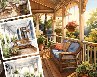 Watercolor Porch Clipart, Porch PNG, House Porch Clipart, Porches PNG, Watercolor Houses, Watercolor Porches, Cozy Front Porches PNG Bundle