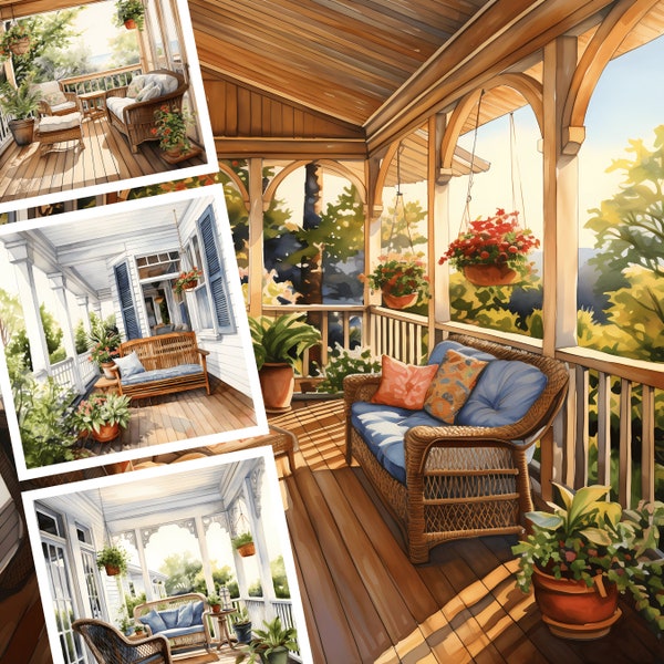 Watercolor Porch Clipart, Porch PNG, House Porch Clipart, Porches PNG, Watercolor Houses, Watercolor Porches, Cozy Front Porches PNG Bundle