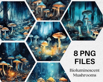 Bioluminescent Mushrooms, Watercolor Clipart Bundle, Watercolor Mushrooms, Mushroom PNG, Whimsical, Fantasy, Mushroom Digital Image File