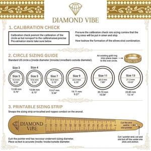 Puede incluir: Una guía de tallas de anillos dorada con el texto "DIAMOND VIBE". Incluye una guía de tallas circular con tallas 3-13, medidas en mm y pulgadas, y una tira de medición imprimible. También se incluyen instrucciones.