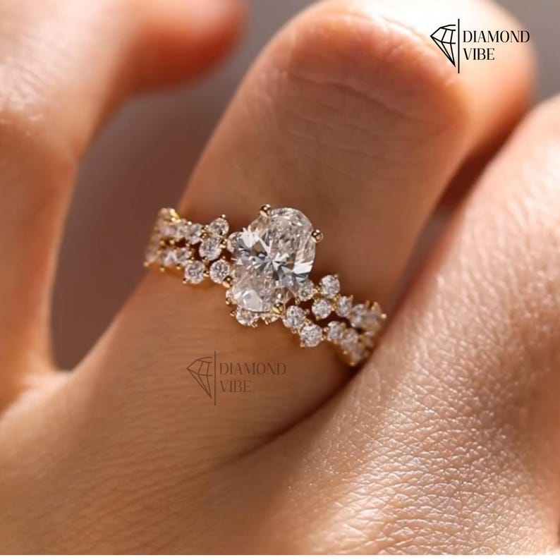 Oval Cut Moissanite Engagement Ring Set for Women 14K Gold Bridal Set ...