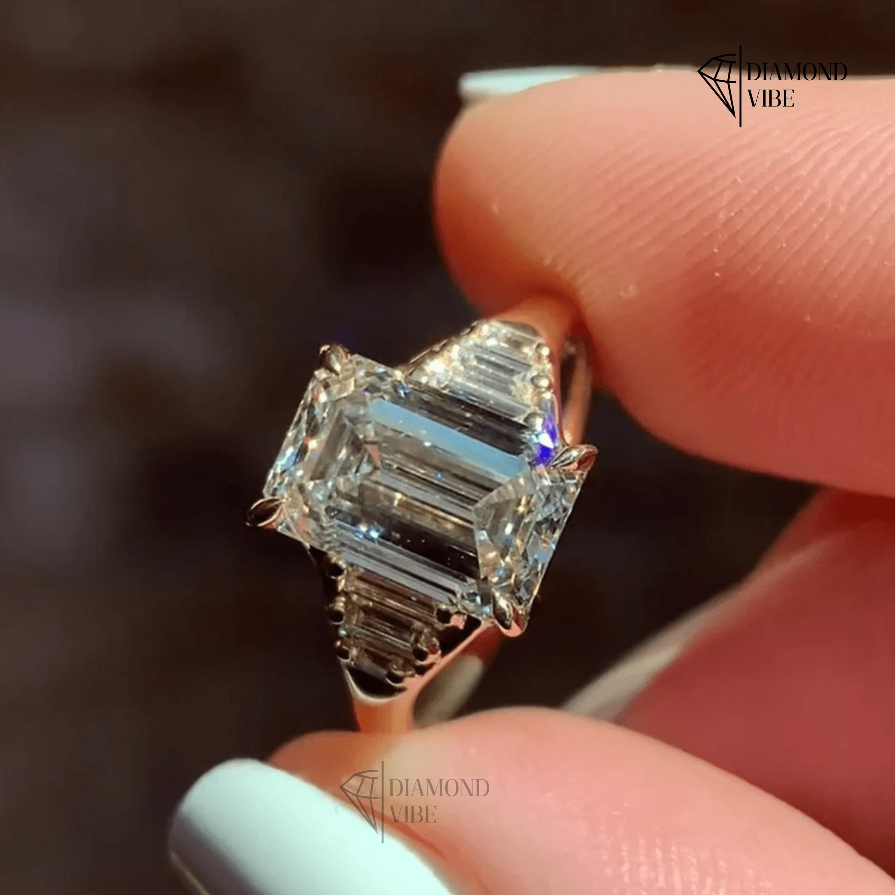 Emerald Cut Diamond Engagement Ring, Tapered Baguette Side Stone Ring ...