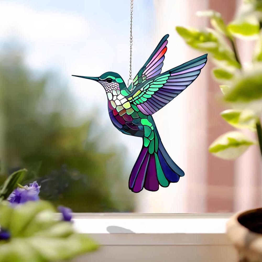 LymDin Hummingbird Suncatcher, Hummingbird Stained Glass Window Hangings,  Bird Suncatchers for Windows, Handcrafted from Real Stained Glass, Home