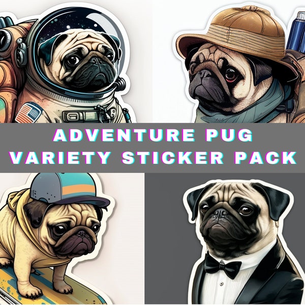 4 Adorable Adventure Stickers of Pugs - Unique Outfits - Laptop, Journal, Travel Mug Fun Adventure Pug Stickers Skate Space DIGITAL DOWNLOAD