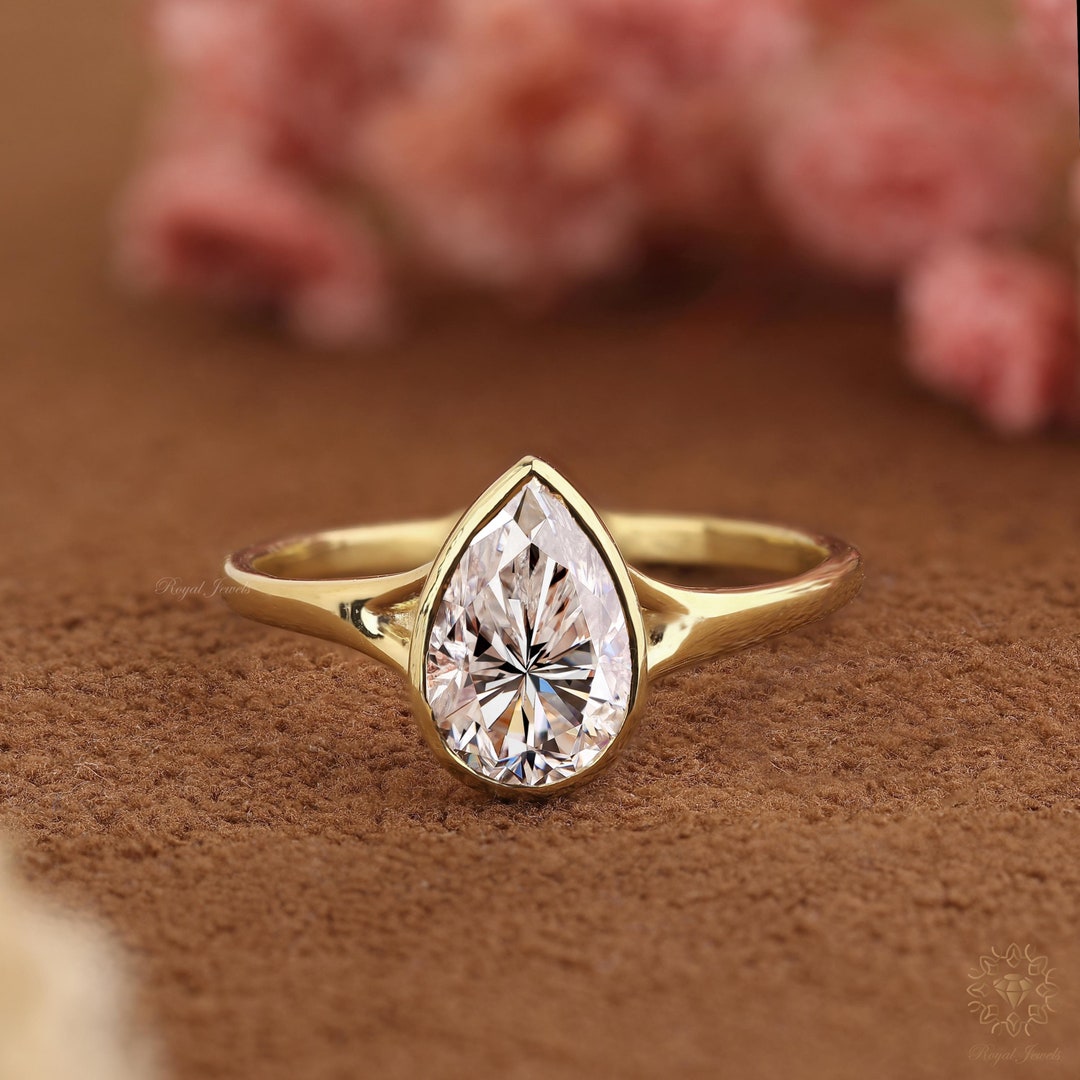 Bezel Set Pear Shaped Lab Grown Diamond Engagement Ring 1.5 2.5 CT E ...