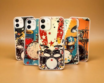 Drummer telefoonhoesje Retro Drums Cover voor iPhone 15Pro Max, 14, 13, 12, 11, Samsung s24, s23fe, a15, a25 a24, a55, a54, a35 Pixel 8 Pro 7a 6