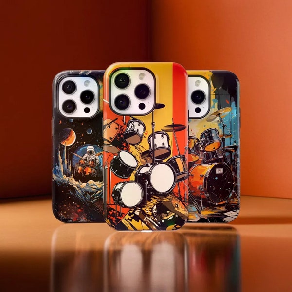 Retro Drummer Phone Case Drums Tough Cover for iPhone 15Pro, 14, 13, 12, 11, X, Samsung S24 Ultra, S23, S22, A54, A15, Pixel 8, 8Pro, 7A, 6A