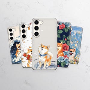 Shiba Inu Case Flowers Cover for Samsung Galaxy A16, S25, S24, s23, A15, A14, A55, A54, A25, A35, iPhone 15, 14, 13, 12, Pixel 9