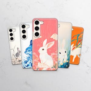 White Rabbit Phone Case Floral Cover for Samsung Galaxy A16, S25, S24, s23, A15, A14, A55, A54, A25, A35, iPhone 15, 14, 13, 12, Pixel 9