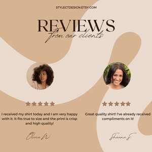 Pu&ograve; includere: Due recensioni di clienti con cinque stelle per una camicia. La prima recensione dice "Ho ricevuto la mia camicia oggi e sono molto contenta. Mi sta benissimo e la stampa &egrave; nitida e di alta qualit&agrave;!" e firmata "Olivia W.". La seconda recensione dice "Camicia di ottima qualit&agrave;! Ho gi&agrave; ricevuto complimenti per lei!" e firmata "Shanna S."
