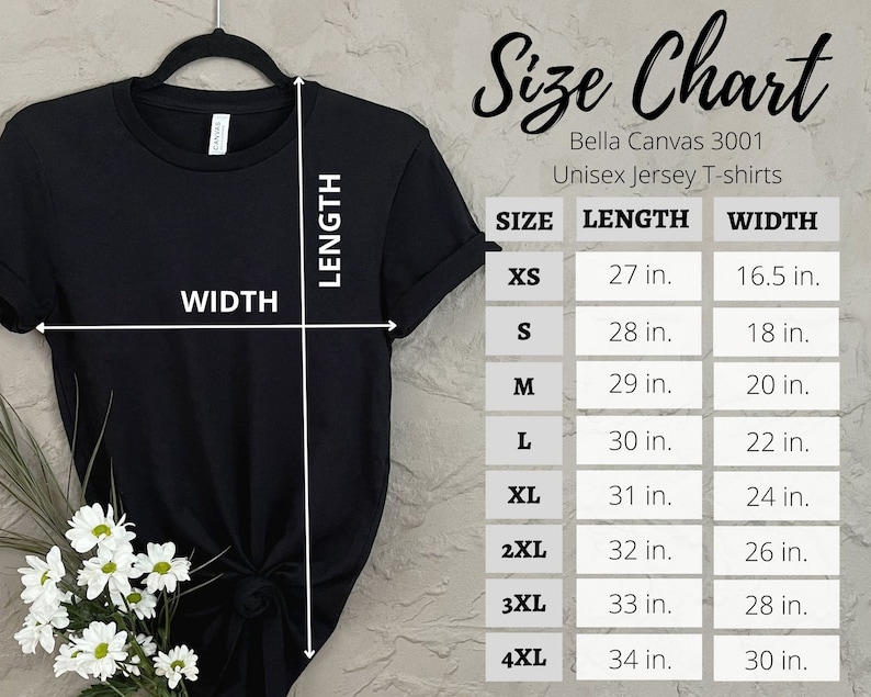 Pu&ograve; includere: Tabella delle taglie per t-shirt in jersey unisex Bella Canvas 3001. La tabella mostra la lunghezza e la larghezza in pollici per le taglie XS a 4XL.