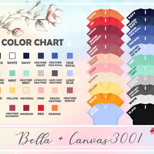 Pu&ograve; includere: Tabella colori che mostra i diversi colori di magliette disponibili per Bella + Canvas 3001. I colori includono nero, bianco, blu navy, blu navy melange, blu reale melange, blu reale, blu ghiaccio melange, menta, menta melange, melange atletico, grigio scuro melange, blu chiaro, oro, giallo, naturale, rosa, pesca melange, melange malva, melange lampone, granata, rosso e arancione.