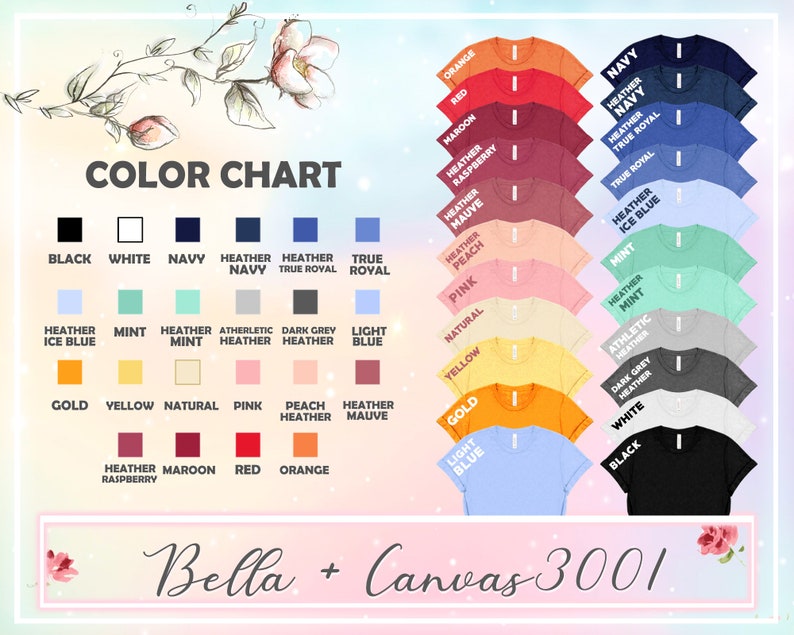 Pu&ograve; includere: Tabella colori che mostra i diversi colori di magliette disponibili per Bella + Canvas 3001. I colori includono nero, bianco, blu navy, blu navy melange, blu reale melange, blu reale, blu ghiaccio melange, menta, menta melange, melange atletico, grigio scuro melange, blu chiaro, oro, giallo, naturale, rosa, pesca melange, melange malva, melange lampone, granata, rosso e arancione.