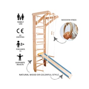 Holzsprossenwand mit Zubehör | Indoor Home Gym für Kinder und Erwachsene | Schwedische Leiter, Ringe, Seil, Schaukel