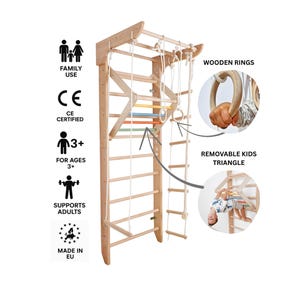 Sprossenwand mit Zubehör – Indoor Kletterset aus Holz für Kinder und Erwachsene | Schwedische Leiter, Klimmzugstange, Ringe, Schaukel & Seil