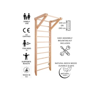 Wooden Wall Bars for Adults and Kids – Beech Indoor Swedish Ladder with Pull-Up Bar | Compact Home Gym | Full Body Workout