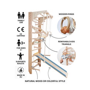 Sprossenwand aus Holz mit Zubehör – schwedische Leiter mit Ringen, Seil, Schaukel und Rutsche – Home Gym für Kinder und Erwachsene Verstellbare Klimmzugstange