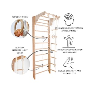 Holzsprossenwand mit Zubehör | Indoor-Fitnessstudio für Kinder und Erwachsene | Schwedische Leiter, Klimmzugstange, Seil, Ringe, Schaukel | Montessori Kletterset