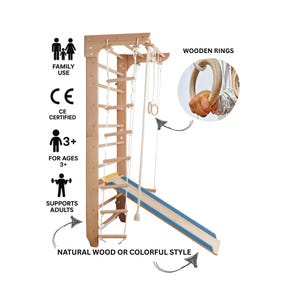 Holzsprossenwand mit Zubehör | Indoor Home Gym für Kinder und Erwachsene | Schwedische Leiter, Ringe, Seil, Schaukel