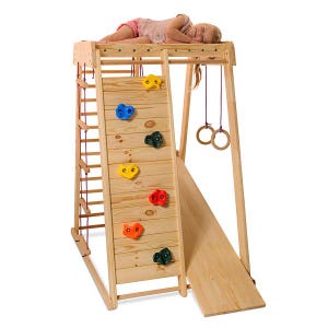 BABYSTAR-MINI Houten binnenspeelruimte – Zweedse ladder, glijbaan, klimnet, ringen en schommel – Montessori-activiteitenset voor kinderen
