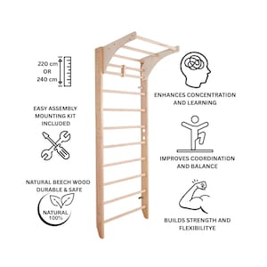 Wooden Wall Bars for Kids & Adults | Swedish Ladder Gym for Home | Indoor Climbing Frame with Pull-Up Bar | Montessori Fitness Toy