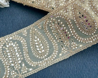 1 Yard Gorgeous Creme Golden Mirror & Pearl Border Trim, Indian Embroidered Sequin Pearl Zardozi Border Lace, Wedding Dress Lace 11cm Wide