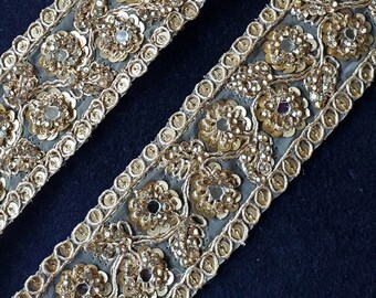 4.5cm Gold Zircon Sequence Foral Design Trim By yard Indian Handcrafted Sari Border DIY Crafting Ribbon Embroidered Handmade Costume Trim