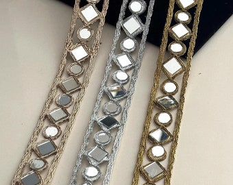 Indian Gold Mirror Trim Lace 2cm Indian Embroidered Geometric Design for DIY Sewing Craft Boho Design Crafting Jewellery Choker by Yard