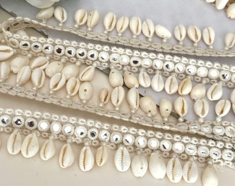 Elegant Pearl White Suspended Cowri Shell And Mirror Beaded Trim, Lehenga Dupatta Lace, Upholstery Trim, Tassel Border Wedding Trim Lace