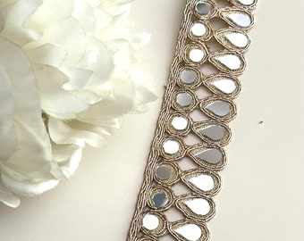 Tear Drop Real Mirror Trim 3cm by Yard Rose Gold Bridal Belt Wedding Dress Decorative Holiday Trim Indian Lace Sewing Craft Saree Border
