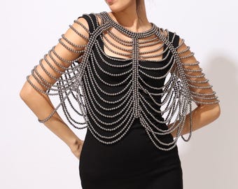 Gunmetal Beaded Shoulder Cape Handmade Fringe Capelet for Dresses Statement Shoulder Jewelry Evening Dress Accessory Body Jwellery One Size