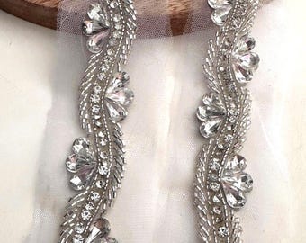 Crystal Rhinestone Beaded Appliqué: Silver Clear Trim for Wedding Dress, Veil, Belt