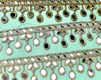 Adorno de espejo ovalado antiguo de oro y plata, borde de sari suspendido cutwork, adornos de vestido de novia, encaje indio Dupatta Lehenga de 6,5 cm de ancho