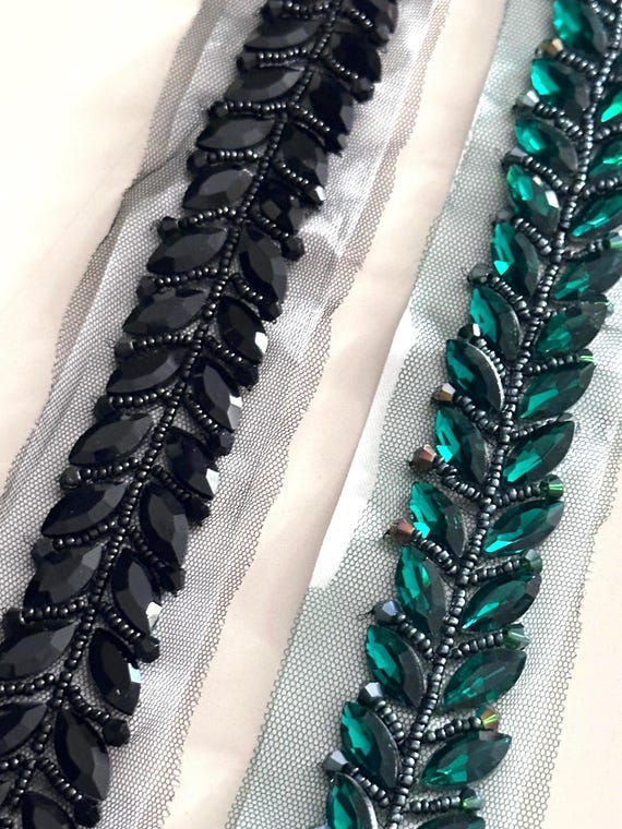 Crystal Trim Bridal Rhinestone Beaded Black Emerald Embellished Lace For Wedding Dress Bridal Sash Hair Accessory Luxury Craft Supply 3cm
