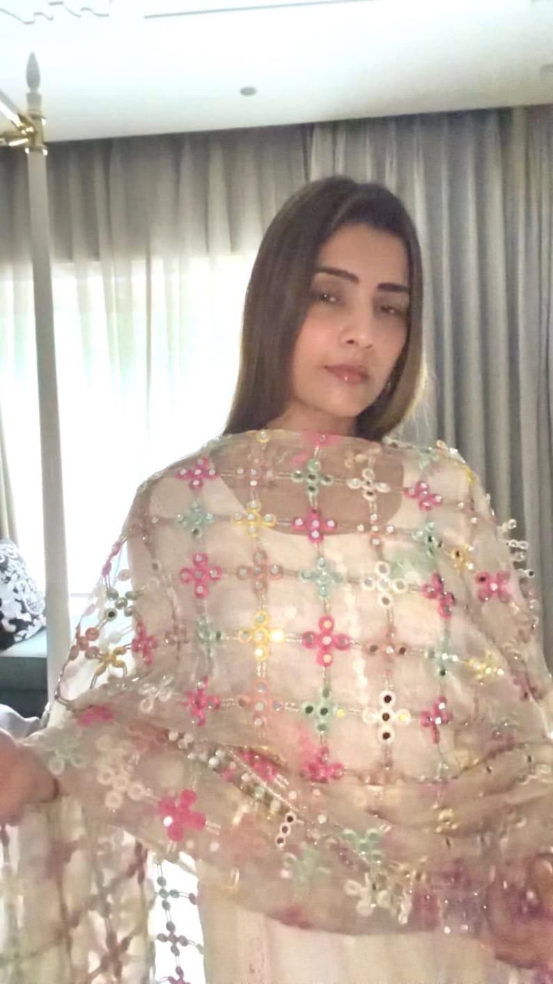 Hand Embroidered Mirror Jal Dupatta – Indian Bridal Wedding Veil Sari Wrap Rainbow