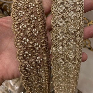 Zari Embroidered Threadwork dabka antique and gold Indian trim Tradition Indian Handwork Wedding Dress Indian Sari Dupatta sold by yard.