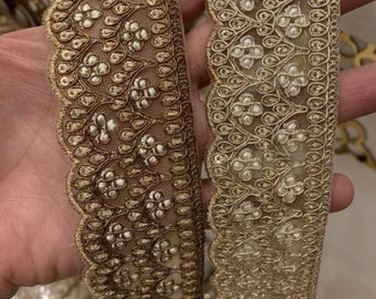 Zari Embroidered Threadwork dabka antique and gold Indian trim Tradition Indian Handwork Wedding Dress Indian Sari Dupatta sold by yard.