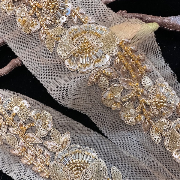 Floral embellished gold sequence,cutdanna,glass beads ribbon zircon embellished for saree, dupatta, suits, edging sew on trim shop by yard