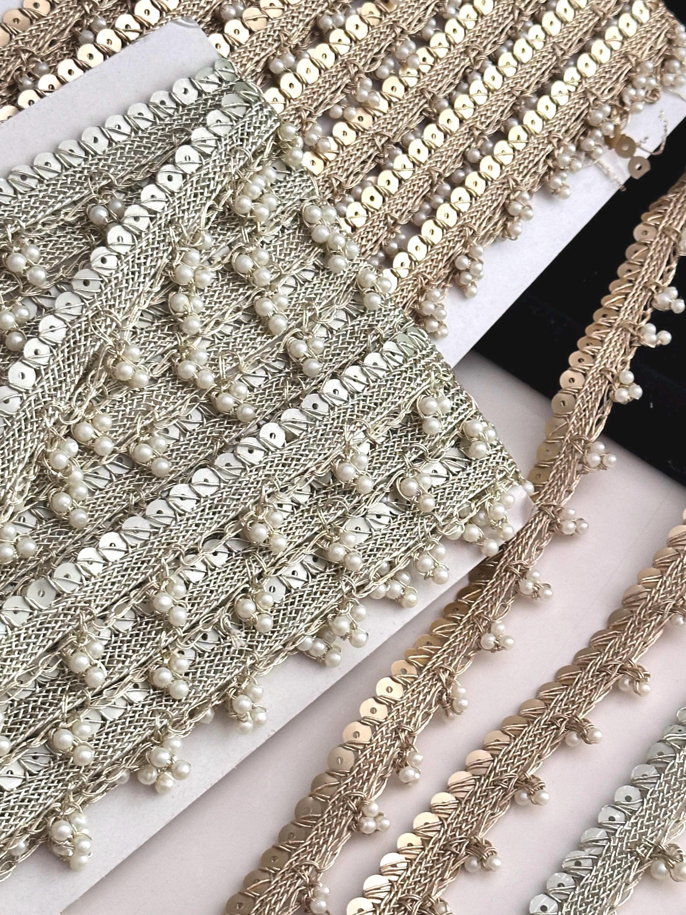 Pearl Beaded Lace Metallic Sequin Trim Pearl Lace Border Bridal