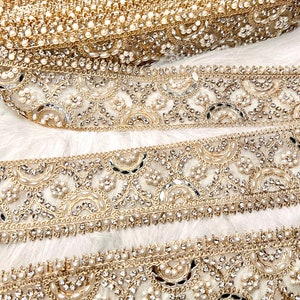 2 Yards Light Golden Mirror, Zircon & Pearl Embellished Border Trim, Indian Embroidered Sequin Zardozi Lace, Lehenga Dress Lace 5cm wide image 7