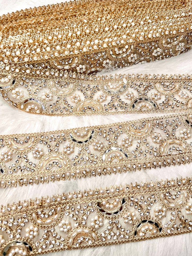 2 Yards Light Golden Mirror, Zircon & Pearl Embellished Border Trim, Indian Embroidered Sequin Zardozi Lace, Lehenga Dress Lace 5cm wide image 7